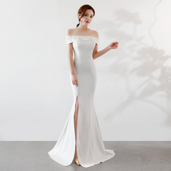 - One-word shoulder toast dress bride Korean version showing thin waist fishtail wedding banquet sexy evening dress woman