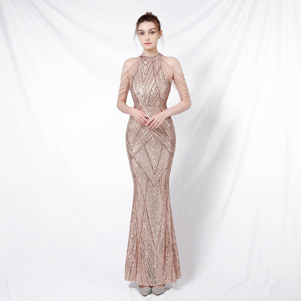 New banquet temperament elegant long neck sequined celebrity cool aura queen fishtail evening dress