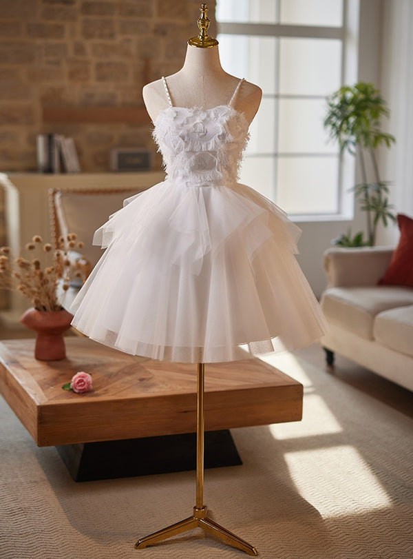 White Tulle Spaghetti Straps Pearls Short Dress