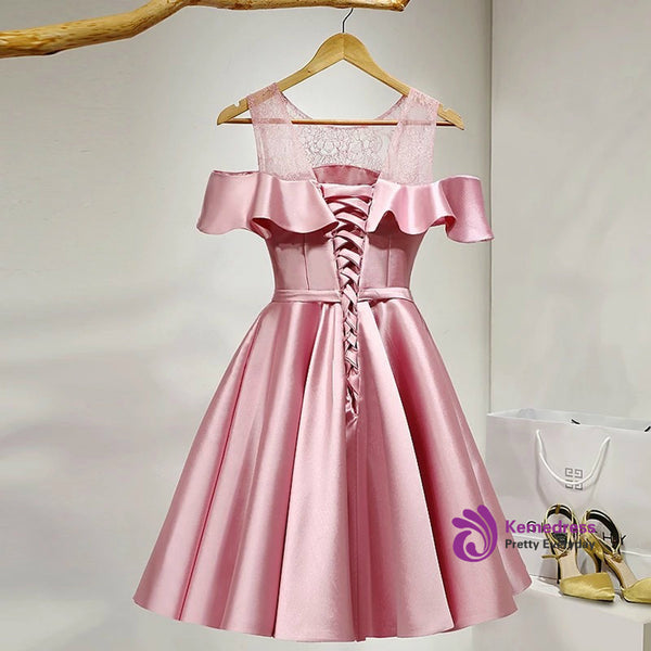 pink prom dress short satin party dress