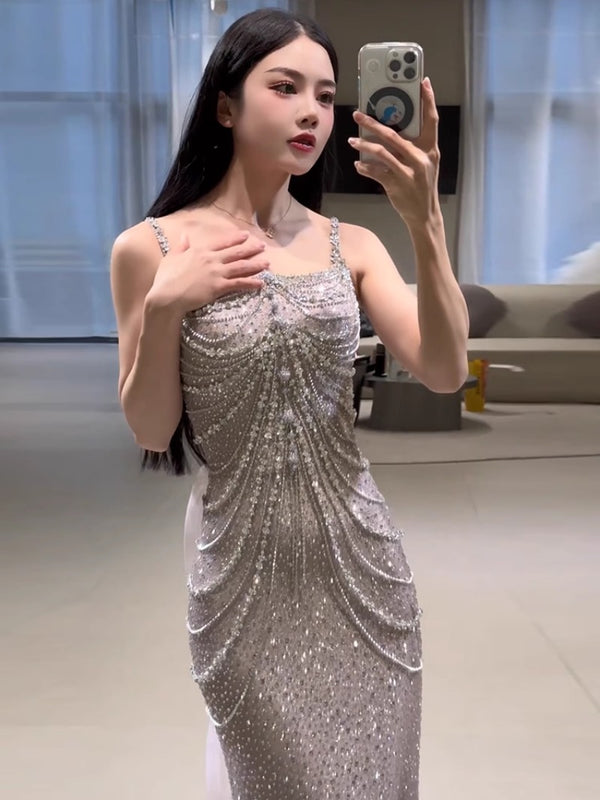 Silver fishtail high-end evening dress skirt light luxury niche high-end heavy industry wedding dress toasting party engagement adult