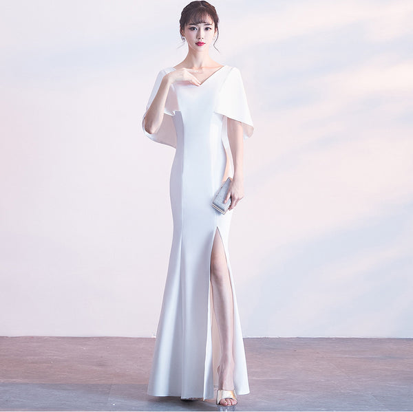 0Dress Female Dignified Elegant Banquet Black Evening Dress V-Neck Skinny Fishtail Host Dress