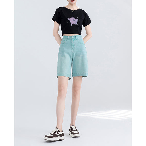 Pantalones cortos de mezclilla finos y de cintura alta con sensación fresca de verano de algodón + lyocell + cáñamo para mujer, versión coreana de pantalones versátiles de cinco puntos de marea 