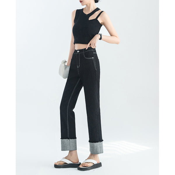 Pantalones vaqueros rectos de nueve puntos de cintura alta antidecoloración para mujer, elásticos y finos, nuevos pantalones de tubo pequeños de primavera y verano 