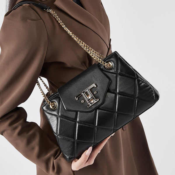 Bolso de mujer de primera capa de piel de vaca con diseño de rombos, versátil bolso de hombro para uso diario, bolso bandolera con cadena texturizada