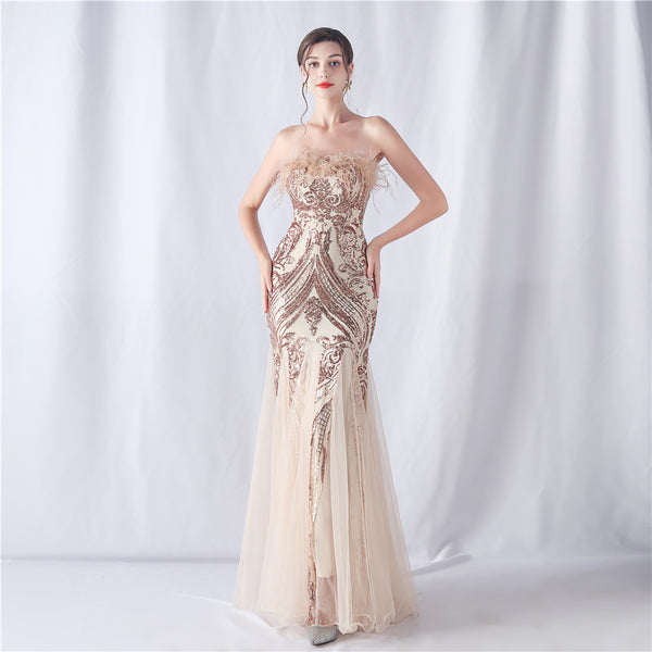 Glamorous trade new Exquisite ostrich hair positioning flower cutting wedding annual meeting tube top sequined mesh evening dress