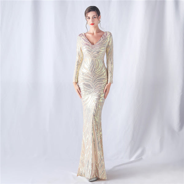 Hot Trade New Exquisite Positioning Flower Cutting Craft Symphony Beads Annual Meeting Wedding Long Sleeve Evening Dress