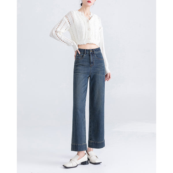 Vaqueros retro de pierna ancha de alta gama para mujer, nuevos pantalones de primavera de cintura alta, sueltos y versátiles, finos de nueve puntos y pierna recta. 
