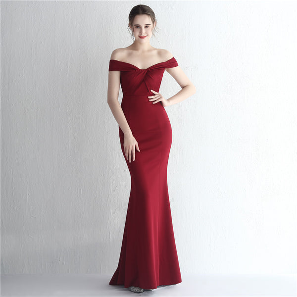 satin new slim one-word shoulder long celebrity dinner slim fishtail skirt wedding model show dress