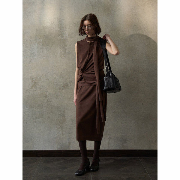[Knowledge] Wool blended temperament waist lace-up straight commuting thin knitted half-length dress women M8146