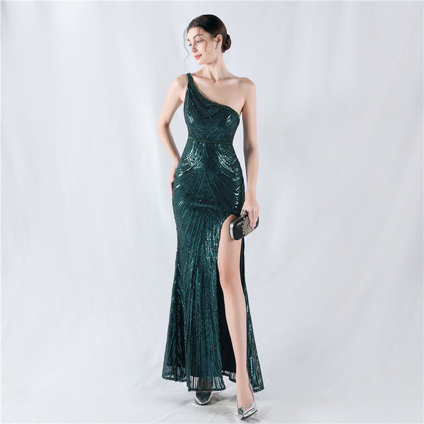 Vestido de noche glamuroso con nuevo diseño de comercio, con encaje floral, hombros descubiertos y cuentas de uñas, para la industria pesada 