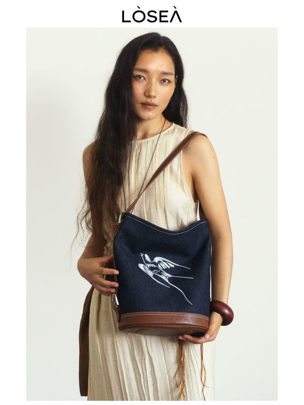 LOSEA Original "Yan Return" Oriental Aesthetics Swallow Denim Bucket Bag Women's Bag  New Shoulder Bag
