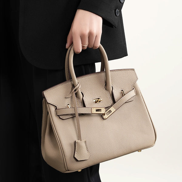 Bolso Kelly de gran capacidad, primera capa de piel de vaca, portátil, con abertura diagonal, para mujer, bolso de piel de vaca con estampado de lichi, color platino