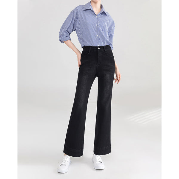 Pantalones vaqueros negros elásticos de cuatro lados con microtirón de Yanrui para mujer, nuevos pantalones holgados de cintura alta y delgados sin piernas acampanadas 