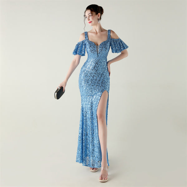 33599 #bead tube bead sheet heavy industry evening dress short sleeve off-the-shoulder deep V high split harpoon skirt banquet socialite