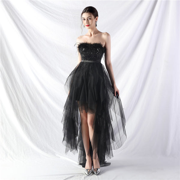 Vestido de noche glamuroso, nuevo, hecho a mano, con pelo de avestruz, flores, cuentas, hilo de malla, parte delantera, corta, trasera, largo, cruzado en el pecho 