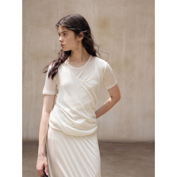 Camiseta de manga corta de dos piezas con cuello redondo, de lana de oveja y tencel, para mujer, M8808 