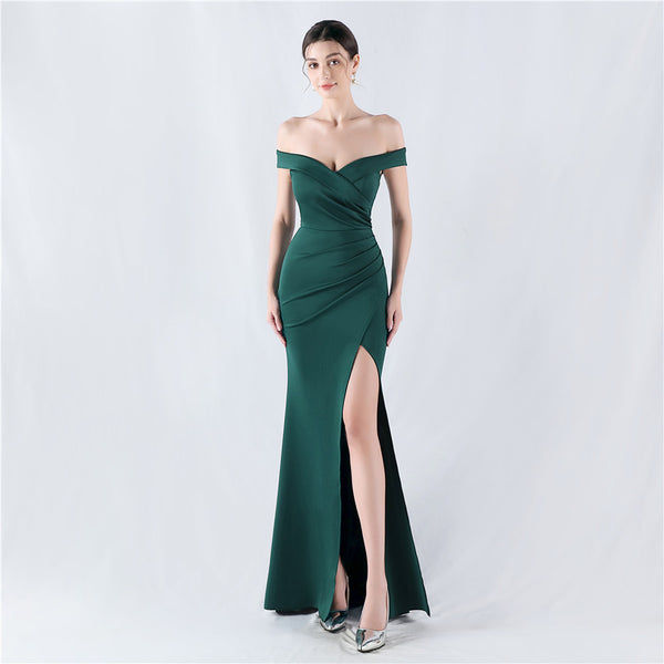 Glamorous trade new classic one-word shoulder high fork harpoon tail satin evening dress