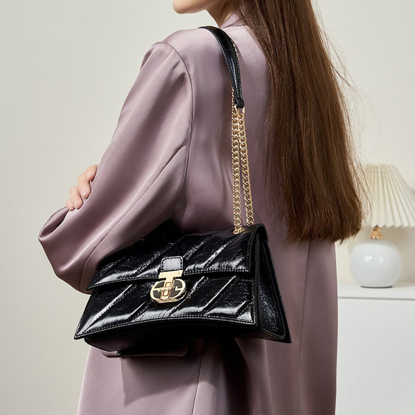 Leather women's bag hourglass bag popular new oil wax oil first layer cowhide women's bag chain underarm messenger bag