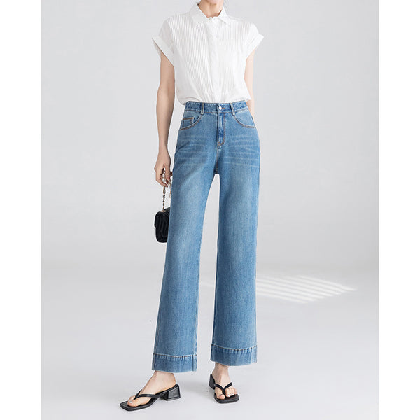 Jeans de tiro alto con microtirón para mujer, nuevos pantalones elásticos y finos de pierna recta con microtirón sin pegarse a las piernas. 