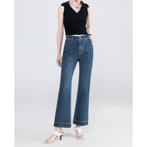 Pantalones vaqueros elásticos de cuatro lados con microtirón de Wang, versión frita, nuevos pantalones acampanados pequeños, delgados y elásticos de cintura alta para mujer 