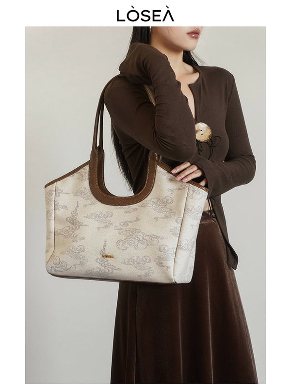 LOSEA cultural relics joint name "Knowledge" auspicious cloud pattern large-capacity tote bag women's bag  new shoulder bag