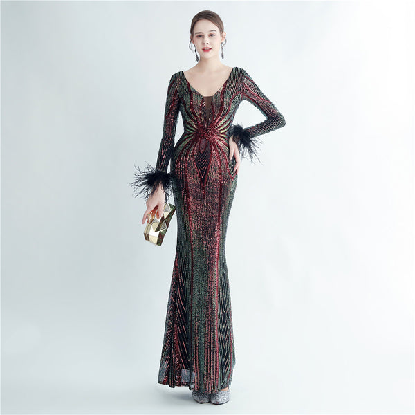 Cross-border new product positioning flower bead piece craft ostrich hair high-end long-sleeved evening dress