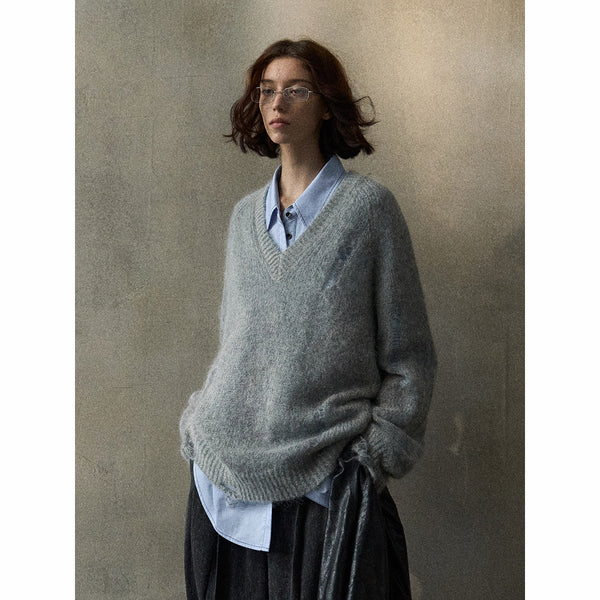 Suéter de punto holgado con cuello en V y rebabas huecas de lana Mahai para mujer, primavera M8262 