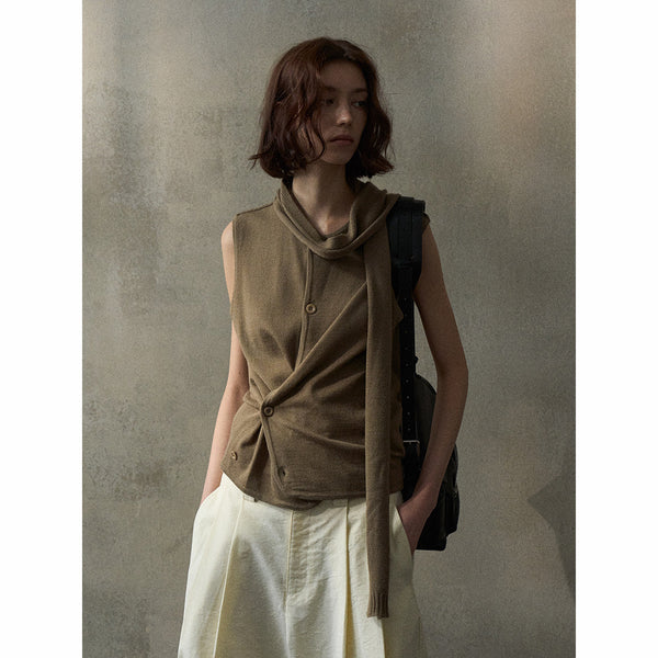 Chaleco plisado con cuello de serpentina de lana, nuevo top de punto asimétrico de primavera para mujer M8145 