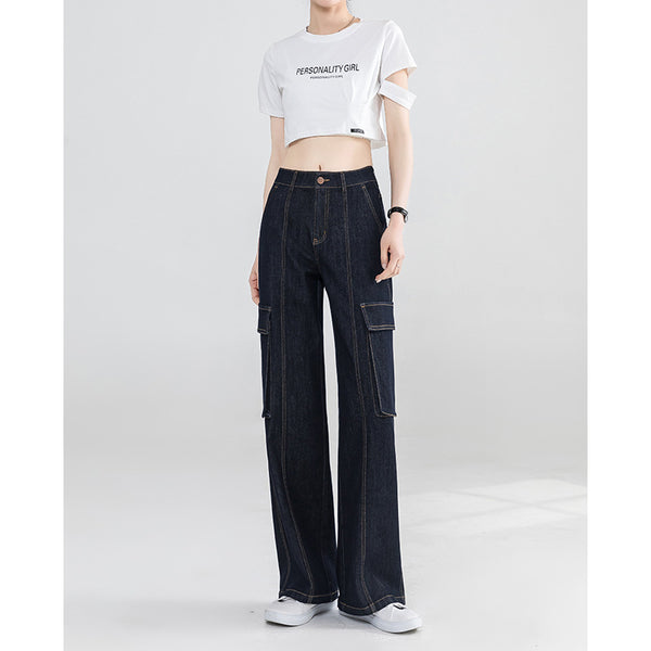 Pantalones vaqueros rectos azules de mezclilla para mujer, nuevos, de cintura alta, holgados, con múltiples bolsillos, ajustados, informales, de corte bajo 