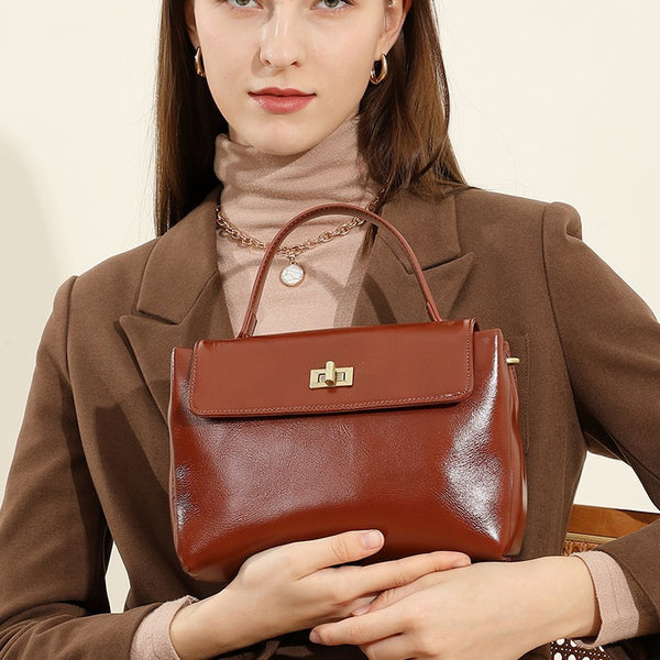 Bolso de mano de piel de vaca texturizada de moda, versátil, retro, para hombro, de piel auténtica, para uso diario.