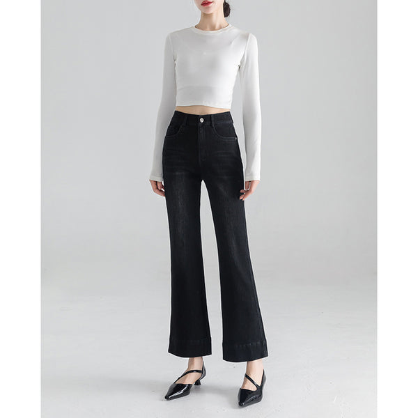 Pantalones vaqueros negros retro de cintura alta ajustados para mujer, nuevos pantalones de campana versátiles ajustados elásticos de primavera 