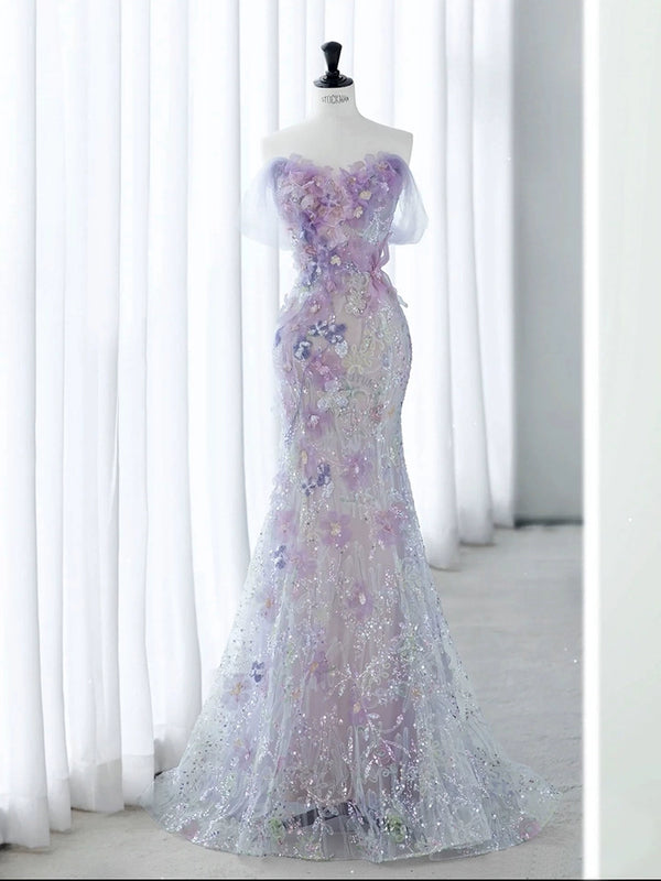 Purple heavy industry evening dress skirt women's high-end light luxury niche fishtail wedding dress  toast engagement adult