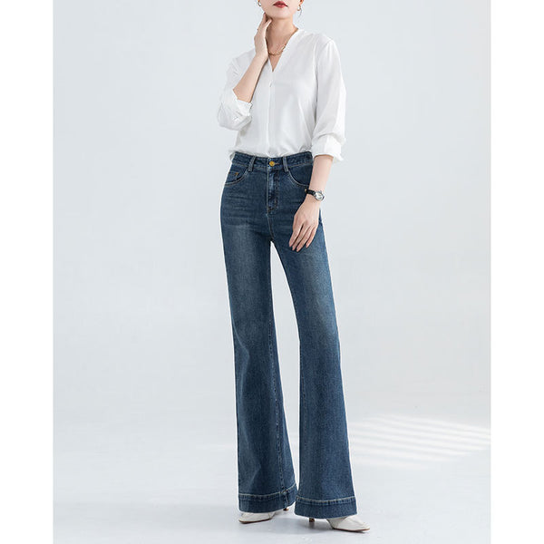 Vaqueros retro de tiro alto con microtirones para mujer a principios de primavera, nueva moda alta, pantalones finos y largos acampanados. 