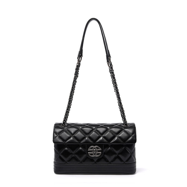Leather small square bag, first layer cowhide versatile chain women's bag, fashion diamond single shoulder messenger bag