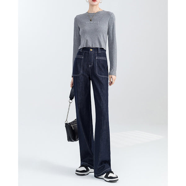 Pantalones vaqueros de pierna ancha azules con lavado liso antidecoloración para mujer, nuevos y exquisitos pantalones casuales de cintura alta, versátiles y delgados, de pierna recta 