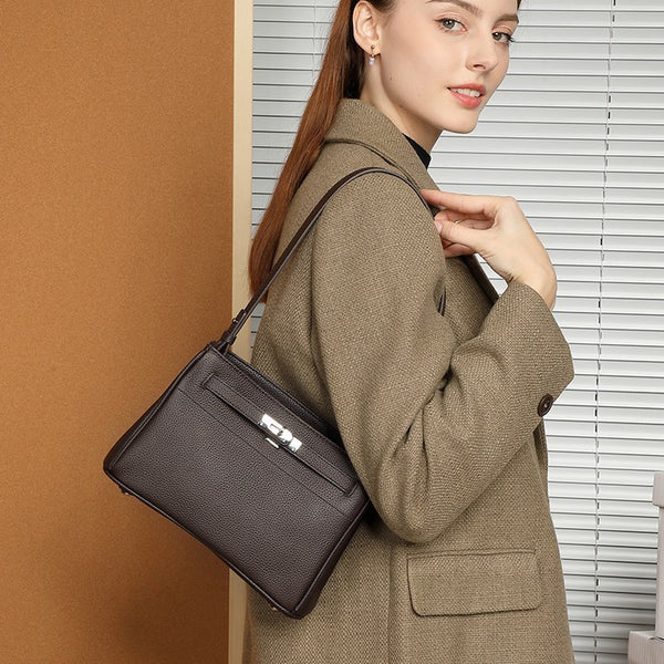 Simple casual small square bag versatile first-layer cowhide lock single shoulder messenger bag