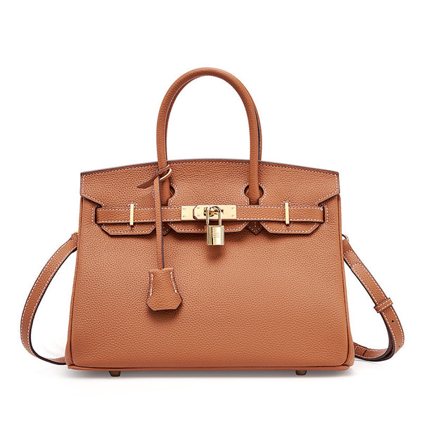 First layer cowhide large handbag, lychee pattern leather women's bag, shoulder messenger bag popular new Kelly bag