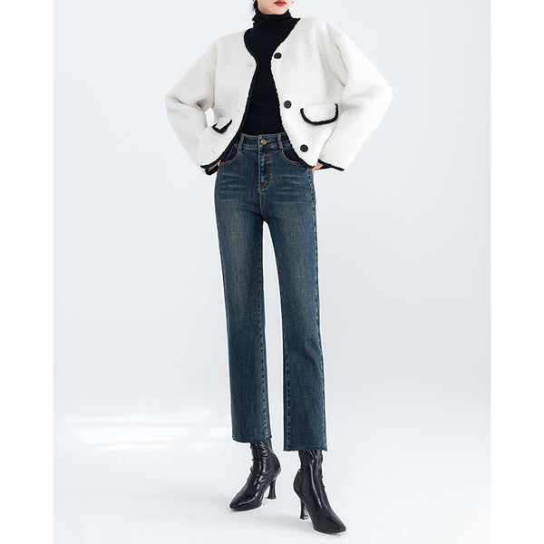Exquisitos jeans rectos de cintura alta de terciopelo de otoño e invierno para mujer, pantalones baguette de tubo de nueve puntos pequeños retro delgados 