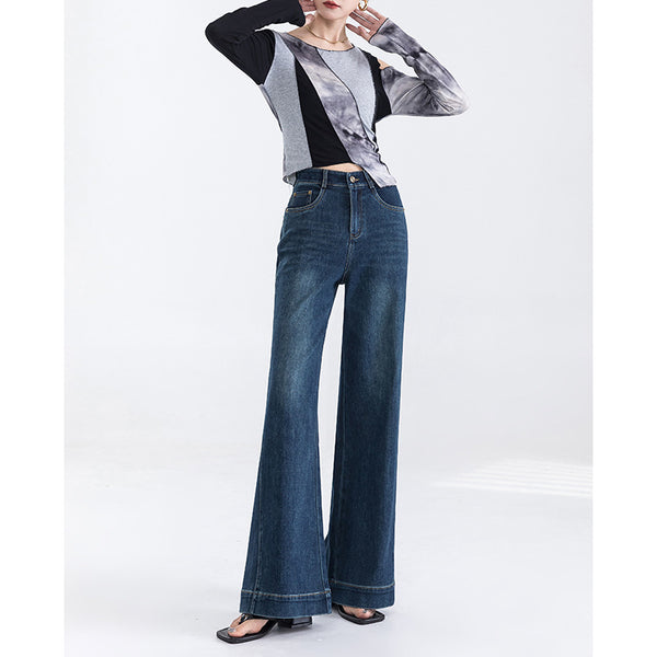 Pantalones de tubo de mezclilla de alta gama de renombre para mujer, nuevos pantalones de primavera ligeros de lujo de cintura alta elásticos y delgados de pierna ancha para mujer 