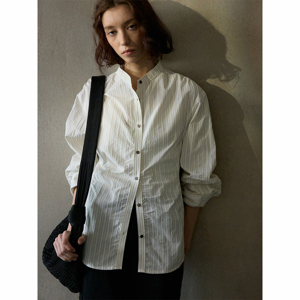 Camisa de cuello alto arquitectónica a rayas, nueva primavera, sencilla, de cintura alta, de manga larga, M8226 
