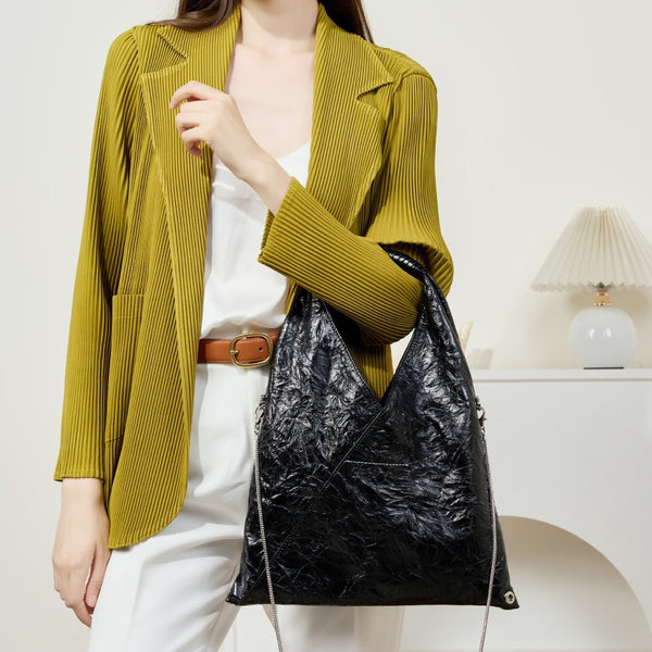 Bolso triangular plisado, versátil, de gran capacidad, para axila, bolso de mano retro, bolso de hombro de piel de vaca de primera capa