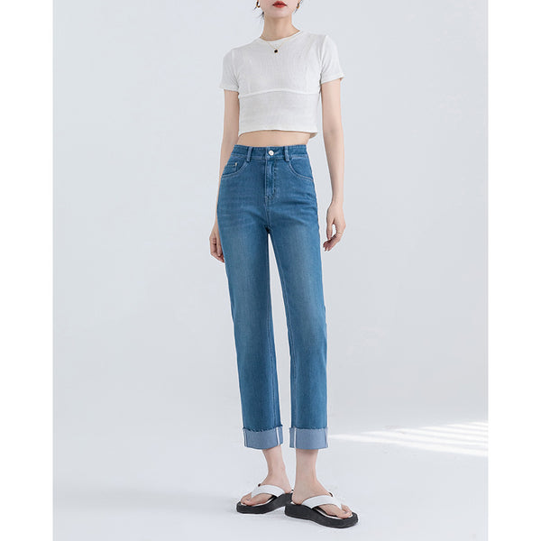 Pantalones vaqueros rectos de cáñamo Tencel rizados para mujer, primavera y verano, nuevos pantalones de tubo de rollo de huevo de nueve puntos delgados y de cintura alta 