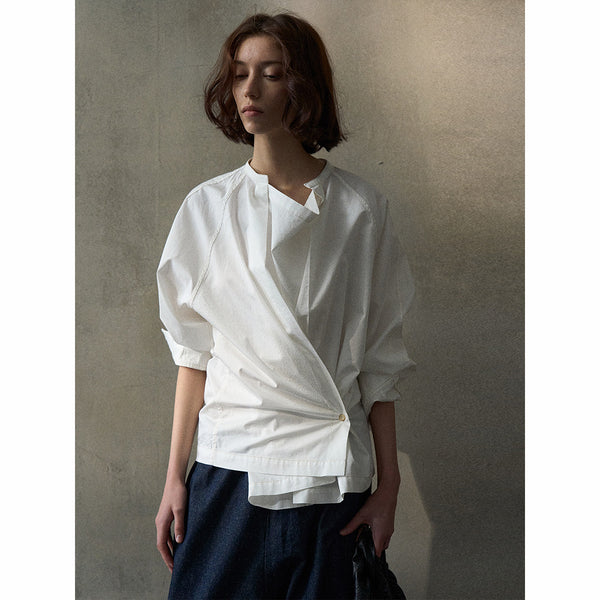 Camisa plisada de cuello alto para mujer, nueva prenda de algodón de primavera, estilo informal, de talla media y larga, M8114 