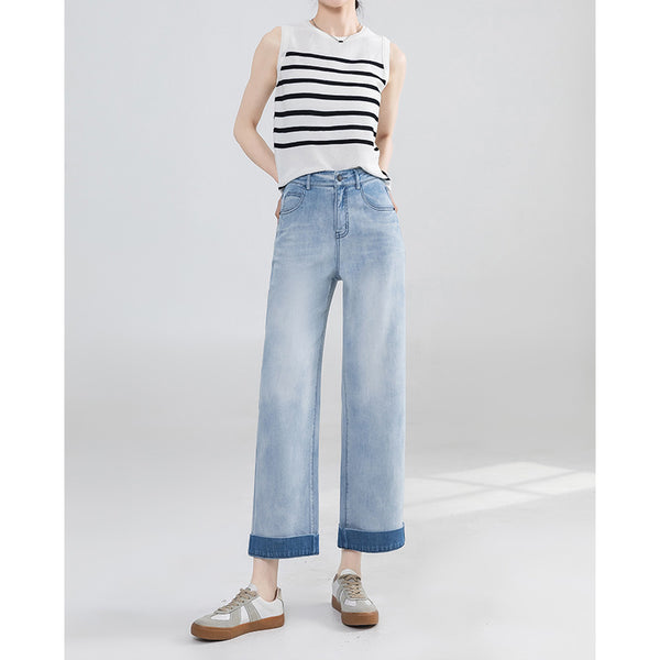 Pantalones vaqueros holgados de pierna ancha de color claro pequeños para mujer, pantalones rectos de nueve puntos de cintura alta y finos de verano 