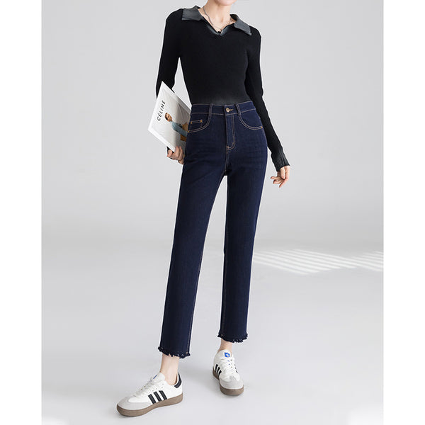 Yanrui no es fácil de desvanecer, jeans de tubo de cigarrillo, nuevos pantalones baguette rectos pequeños de nueve puntos de cintura alta y delgados de primavera para mujer 