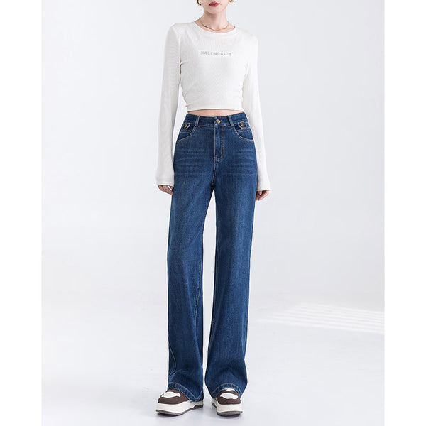 Pantalones vaqueros rectos elásticos de cuatro lados, ligeros, lujosos y cómodos, de primavera para mujer, nuevos pantalones de cintura alta, sueltos y de piso fino. 