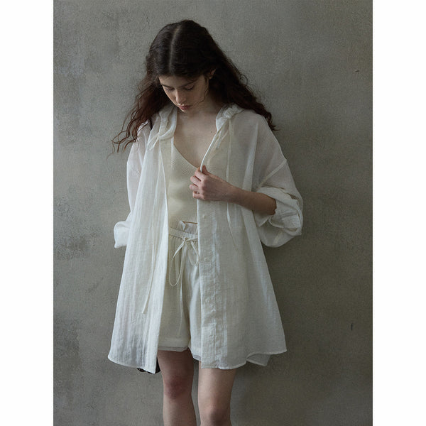 Chaqueta con capucha de lino transparente para uso diario, con protección solar, para primavera y verano, nueva camisa holgada para mujer M8425 
