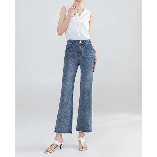 Pantalones vaqueros Yanrui de nueve puntos con bordes ásperos ligeramente tirados para mujer de verano, delgados, pequeños, de cintura alta, elásticos y delgados acampanados 