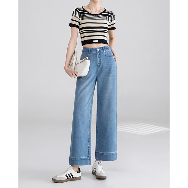 Yanrui - Vaqueros rectos de nueve puntos para mujer, primavera y verano, nuevos pantalones holgados y delgados de cintura alta, pantalones pequeños de pierna ancha 
